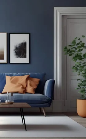 parete blu abbinata divano